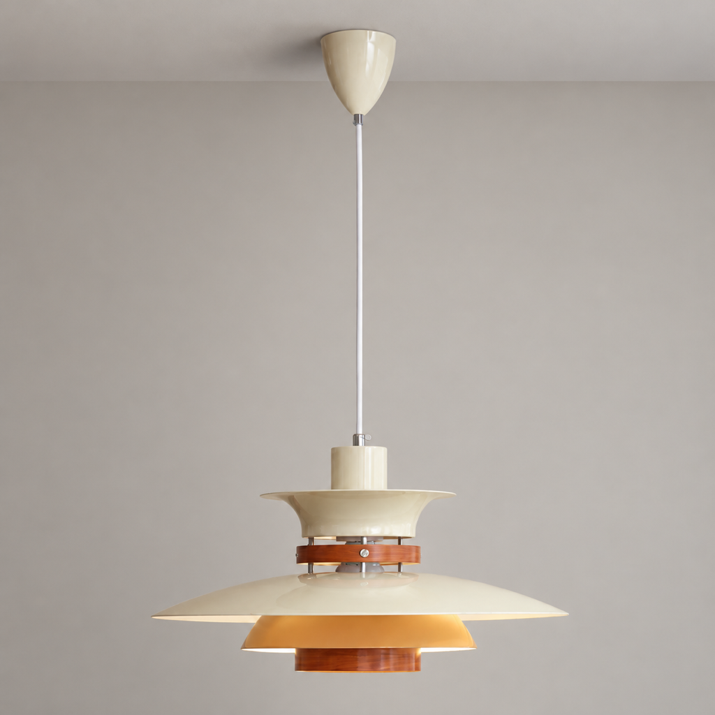 Layered Aluminum and Walnut Pendant Light — ceiling-mounted hero with flush canopy