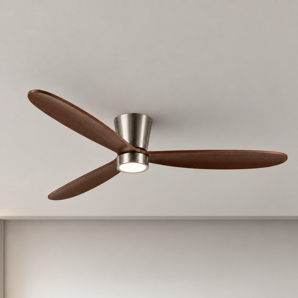 Walnut Low-Profile Ceiling Fan with Light - FAN923-B-01 — Satin Nickel + Walnut Blades clean installed product view on a warm neutral ceiling background