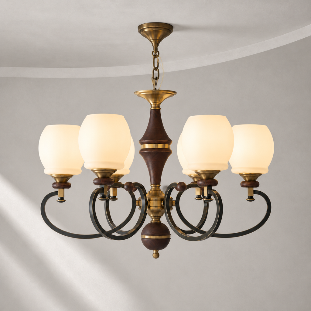 Briarwood six-light ash wood and milk glass chandelier, warm neutral hero view