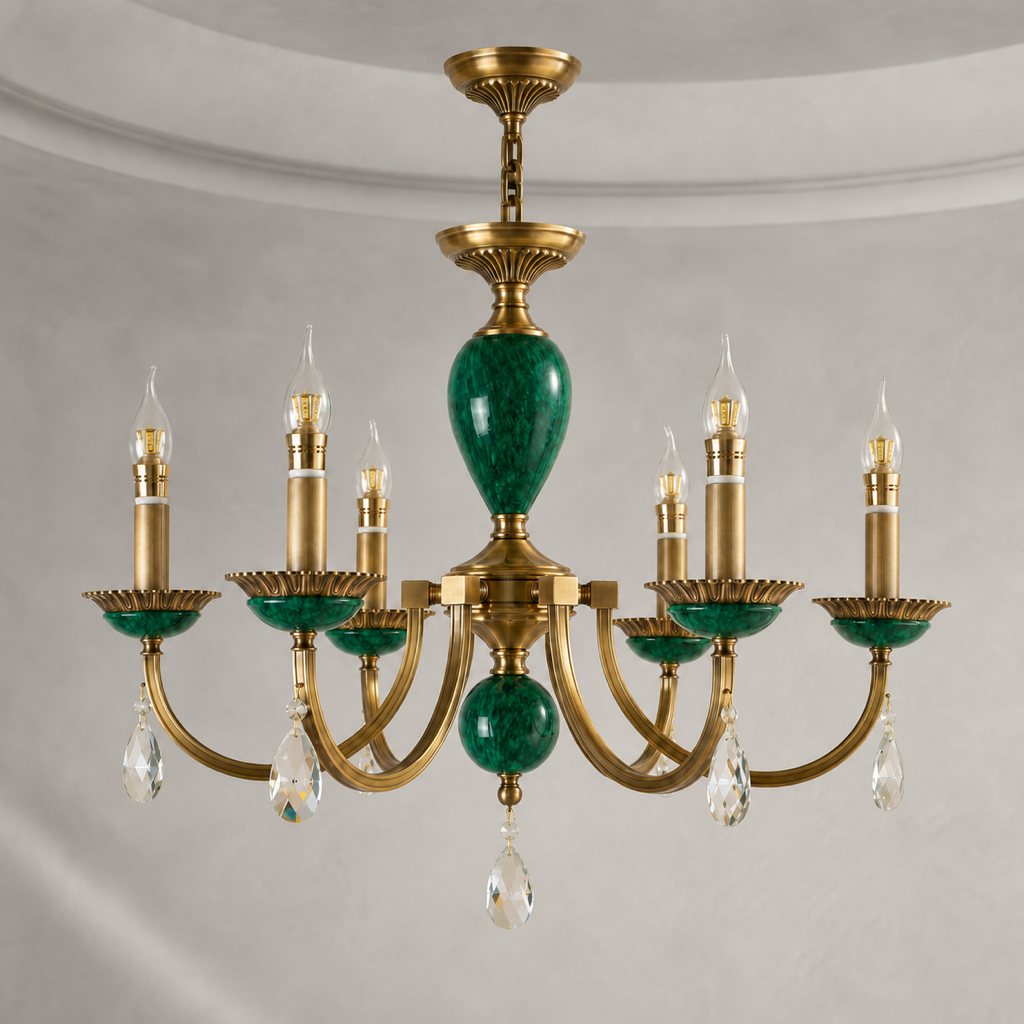 Valeria antique brass and green stone chandelier in a warm neutral room