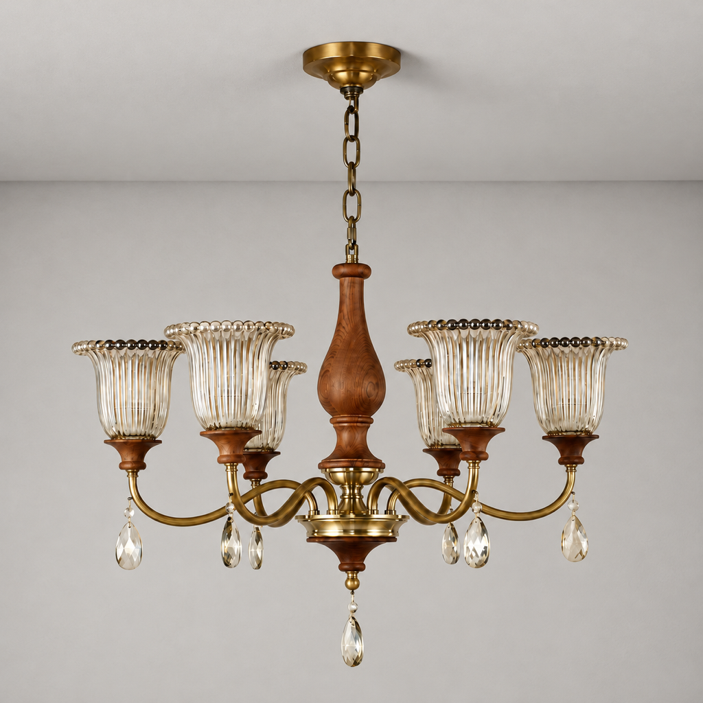 Rosalind Antique Brass Ribbed Glass Chandelier with Wood Accents clean warm neutral wall-top hero