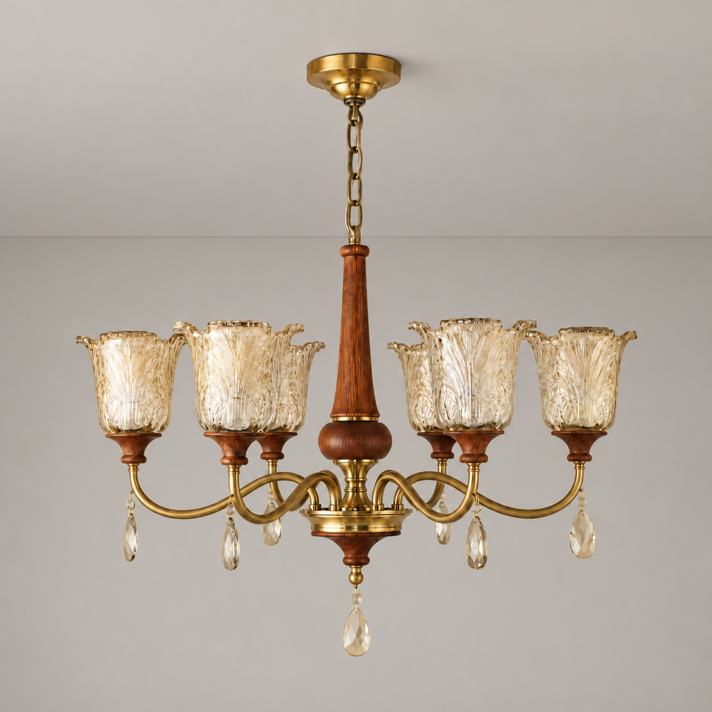 Aurelia Antique Brass Floral Glass Chandelier with Wood Accents - neutral greige product hero