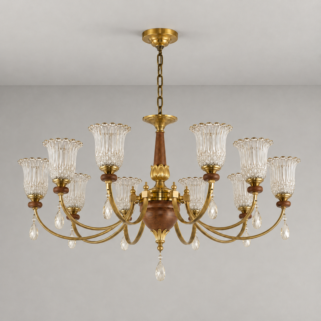 Tulverna Ribbed Tulip Glass and Wood Chandelier clean warm neutral wall-top hero