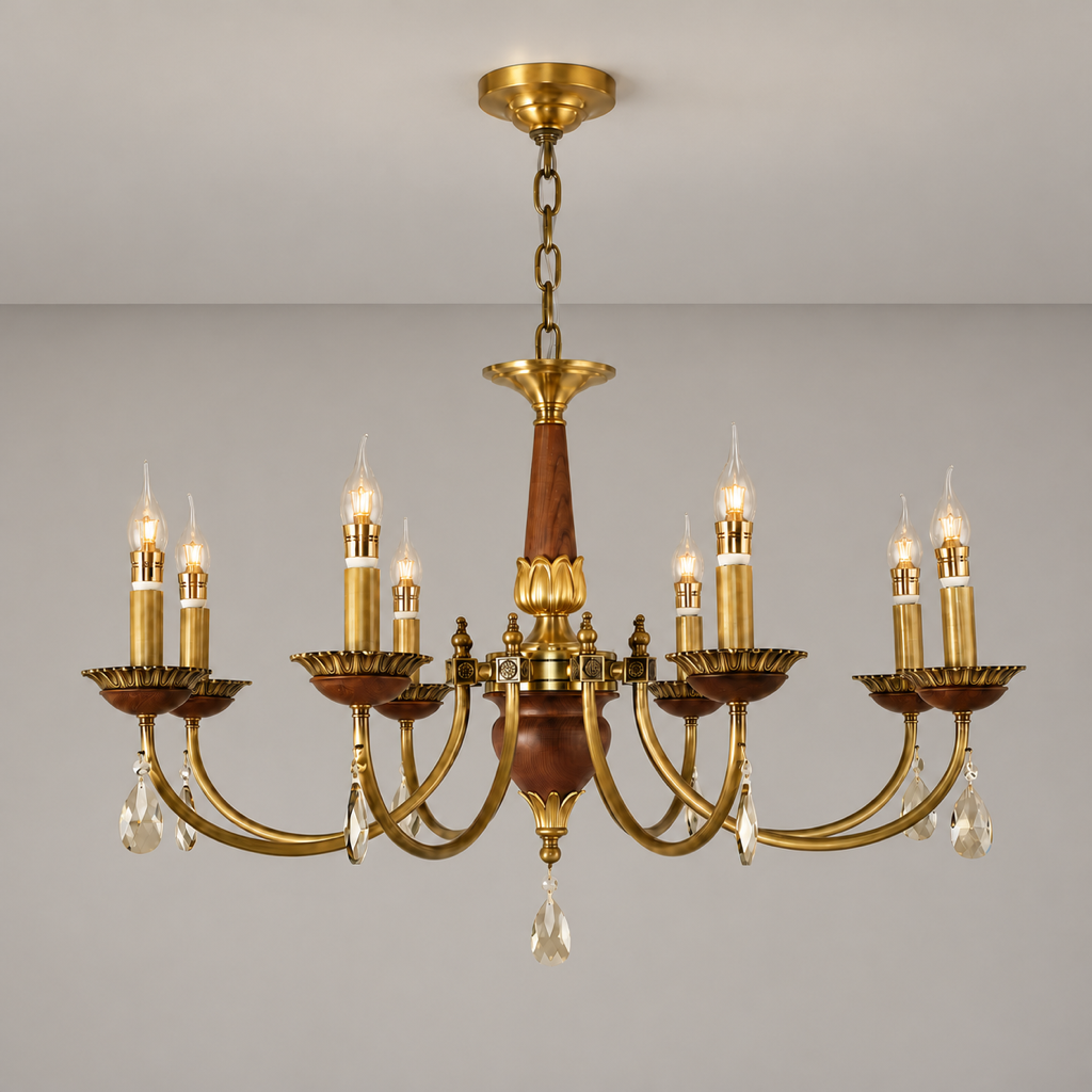 Candelis Candle-Style Wood and Crystal Chandelier clean warm neutral wall-top hero