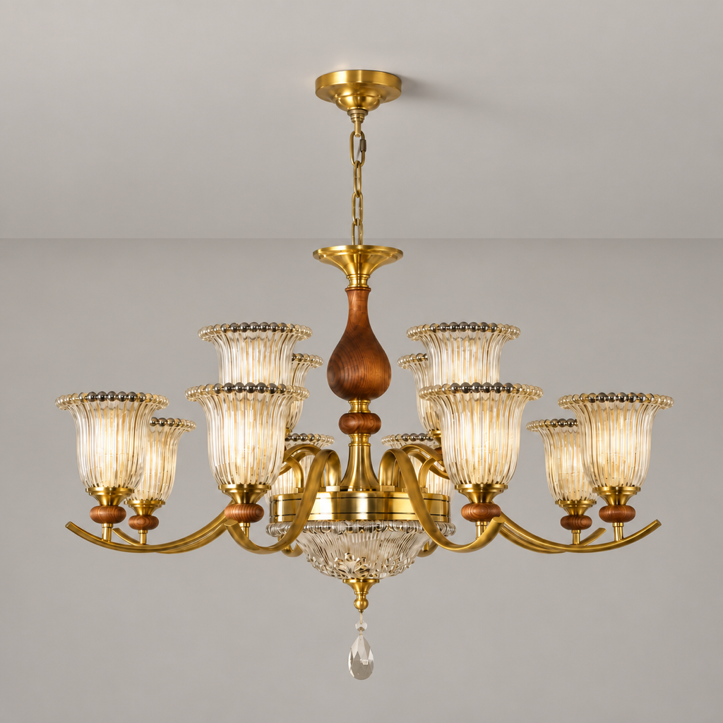 Tullienne Ribbed Tulip Glass and Wood Chandelier clean warm neutral wall-top hero