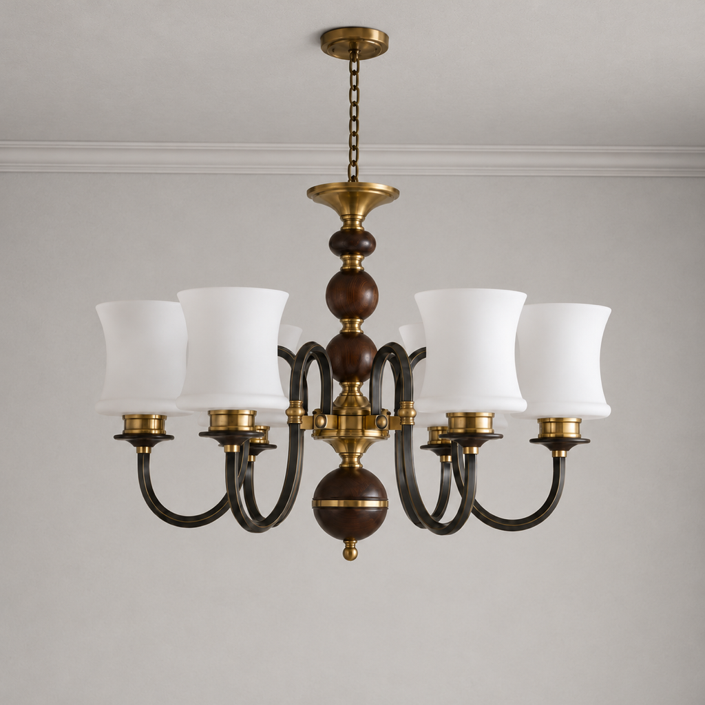 Ebonelle Opal Glass, Blackened Brass and Ash Wood Chandelier clean warm neutral ceiling-connected hero