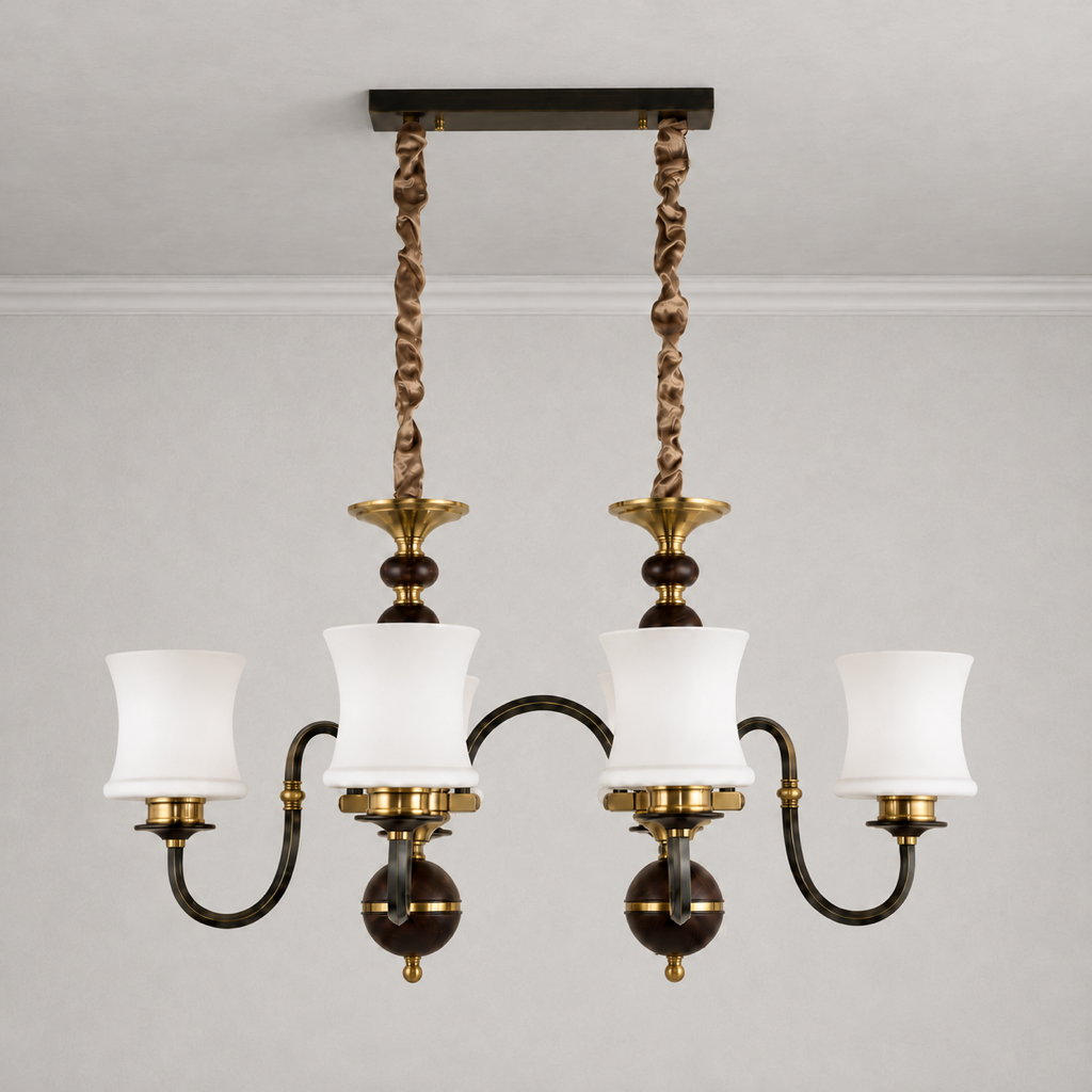 Ebonelle Opal Glass, Blackened Brass and Ash Wood Linear Chandelier clean warm neutral ceiling-connected hero