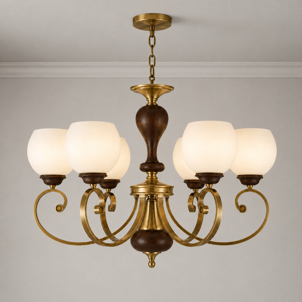 Aurellane Opal Glass, Antique Brass and Ash Wood Chandelier clean warm neutral ceiling-connected hero