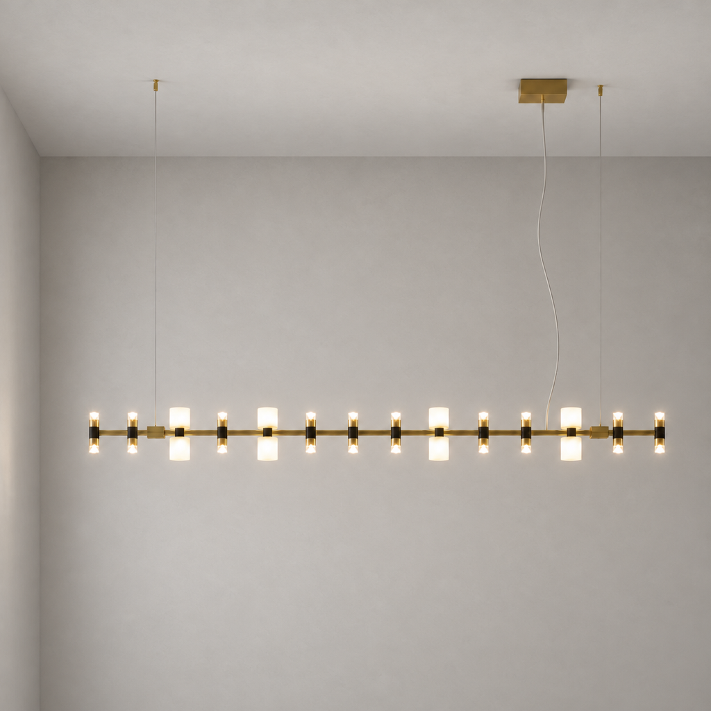 Royal linear brushed copper LED pendant fully connected to a solid ceiling