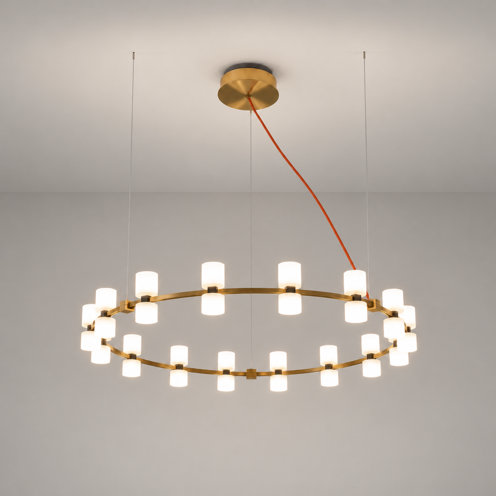 Royal 80 cm brushed copper ring LED chandelier fully suspended from a solid ceiling