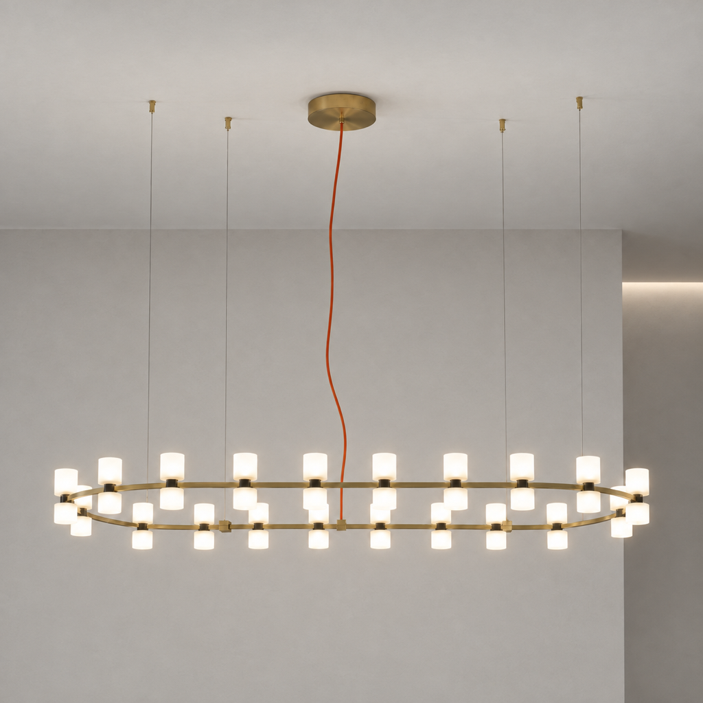 Royal oval brushed copper LED chandelier fully suspended from a solid ceiling
