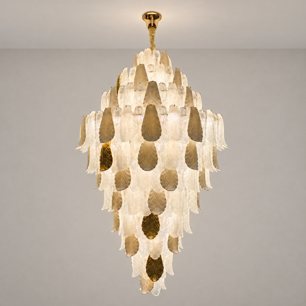 Ceramic and Glass Petal Grand Chandelier: complete fixture with layered ivory ceramic, textured glass and gold accents