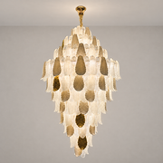 Ceramic and Glass Petal Grand Chandelier: complete fixture with layered ivory ceramic, textured glass and gold accents