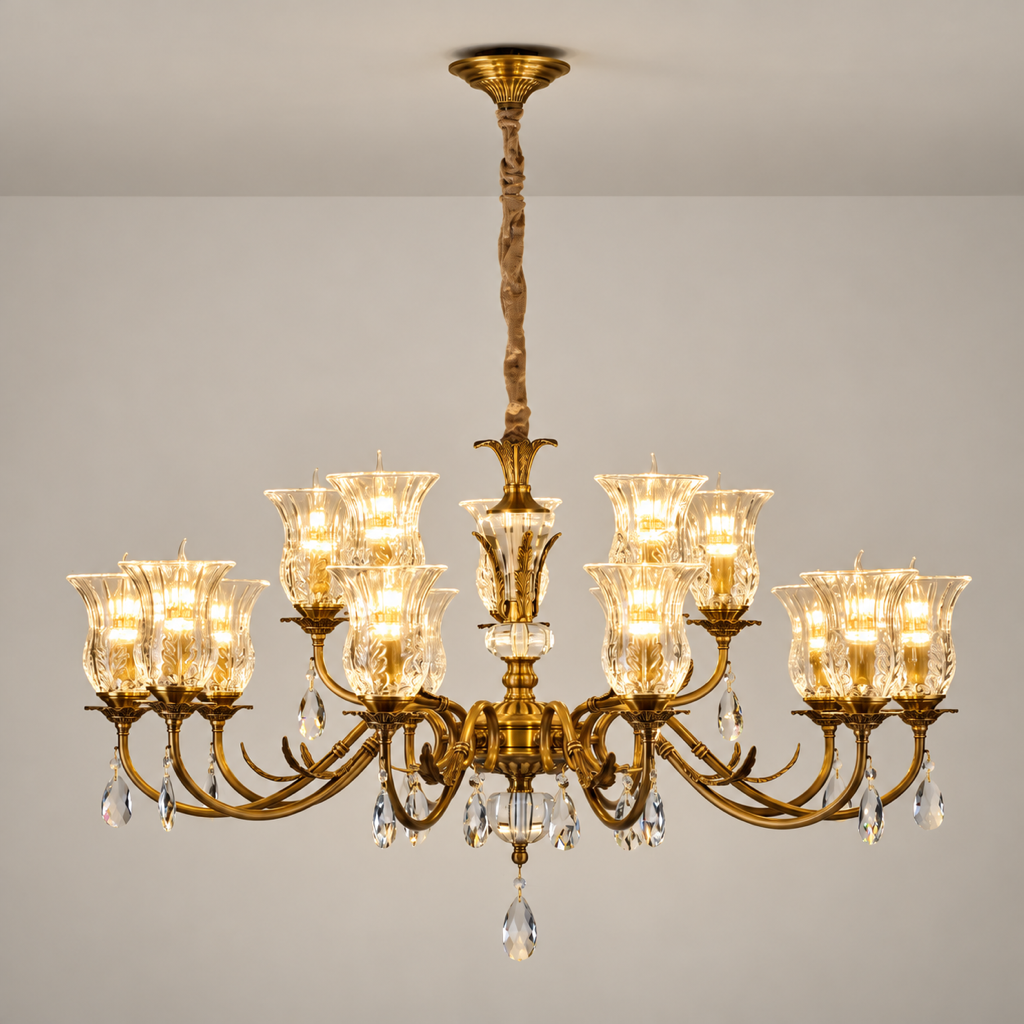 Vitrelaine 15-light two-tier clear hurricane glass chandelier mounted flush to the ceiling
