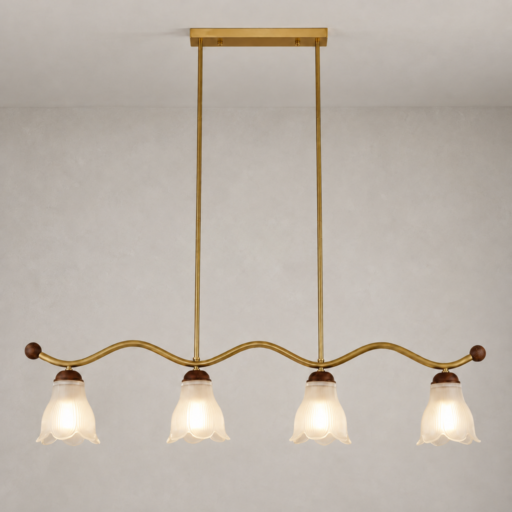 Cloveraine Fluted Petal Glass Linear Chandelier complete installed product view on a warm light background