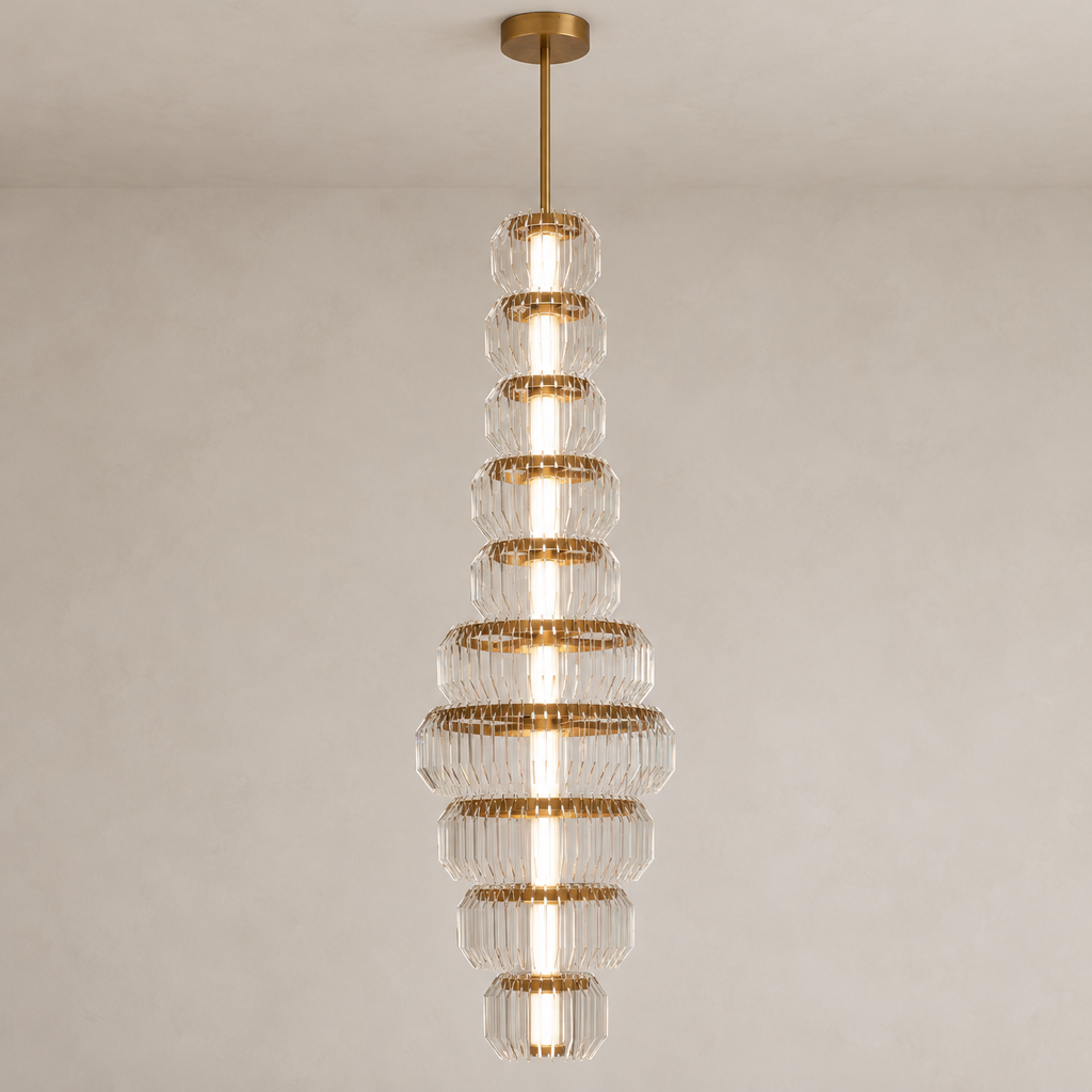 Arquelle Tall Antique Brass Acrylic Tiered Chandelier centered hero · CDE 2026-09-24