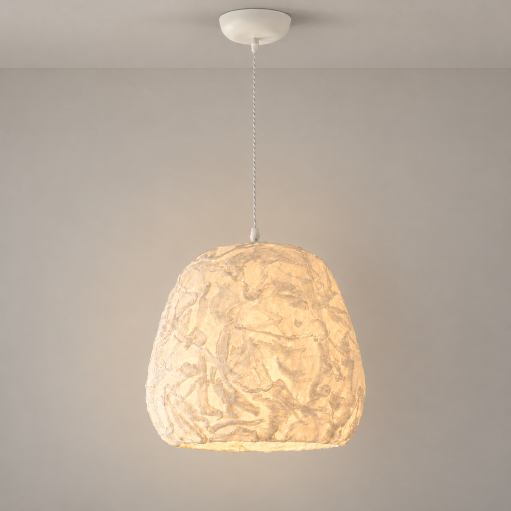 Aeriwisp organic mulberry silk pendant light mounted to a warm plaster ceiling