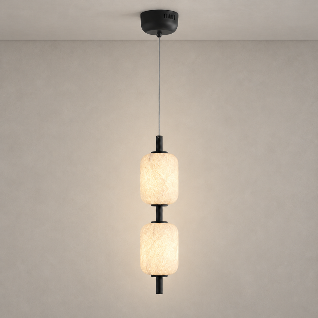 Modern Mulberry Silk Double Cylinder Pendant Light in Black and White - neutral greige product hero