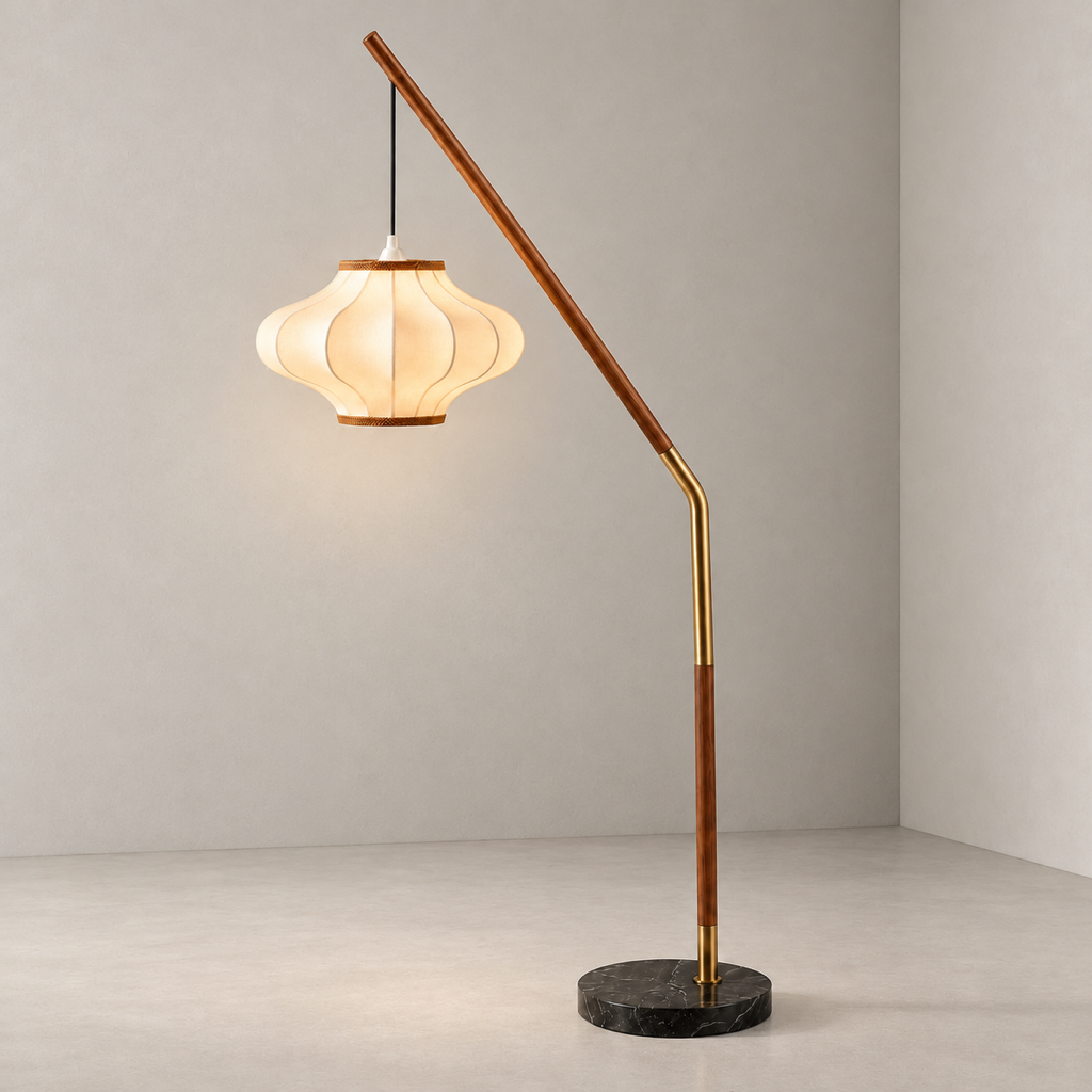 Sculptural mulberry silk floor lamp with beechwood and marble hero view