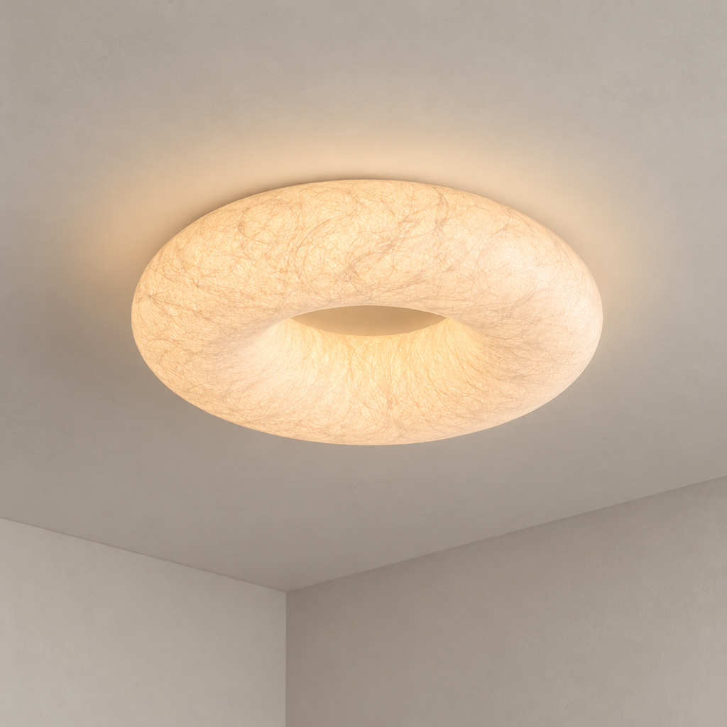 Large mulberry silk halo ceiling light hero view