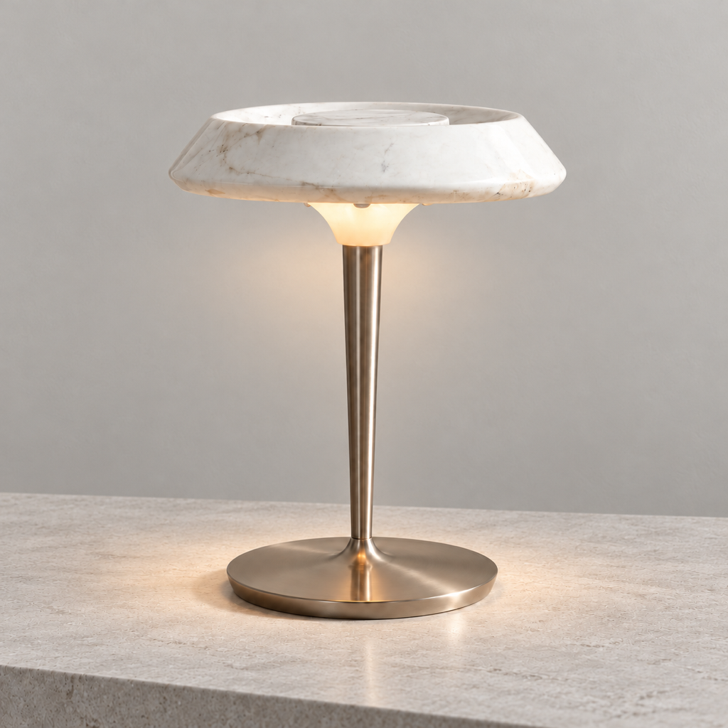 Solvenne Carrara white marble table lamp on a warm neutral surface