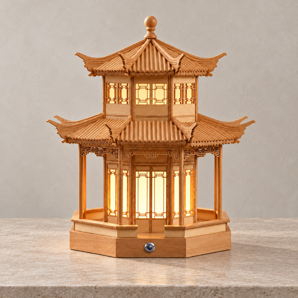 Pavilume large natural pine hexagonal pavilion rechargeable table lamp in a warm interior