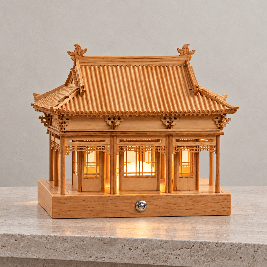 Pavilume natural pine Phoenix Hall rechargeable table lamp in a warm interior