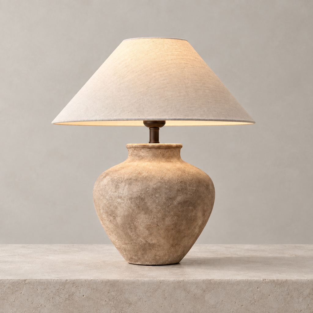 Taofou Wabi-Sabi ceramic table lamp on a warm beige stone surface