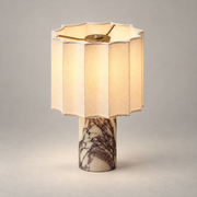 Valli Marble Rechargeable Table Lamp on a warm greige background; Rechargeable Valli purple white marble cylinder with scalloped fabric drum