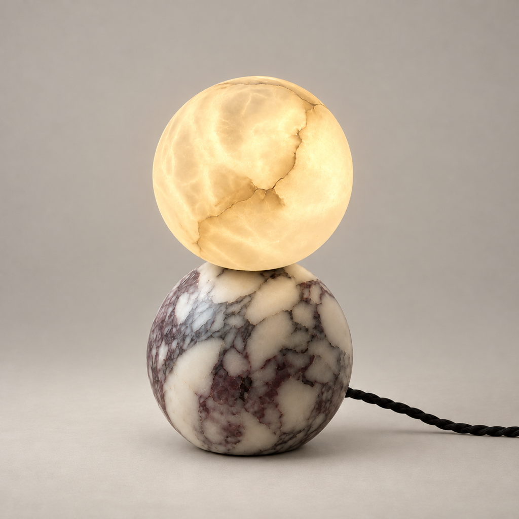 Lucide Mid-Century Marble Table Lamp on a warm greige background; Purple marble and alabaster stacked stone globe table lamp