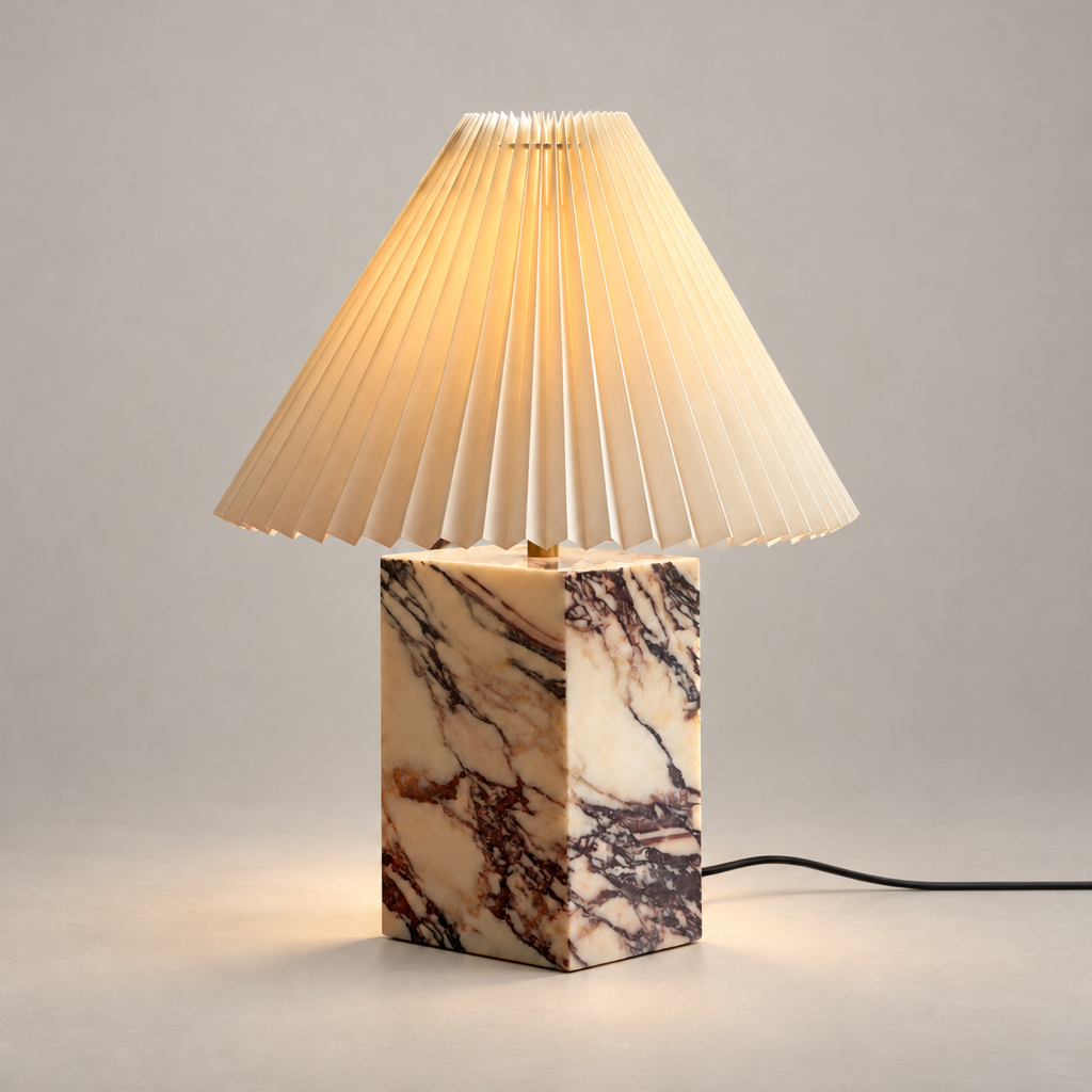 Arouca Marble Table Lamp with Fabric Shade on a warm greige background; White purple marble rectangular base and pleated shade table lamp