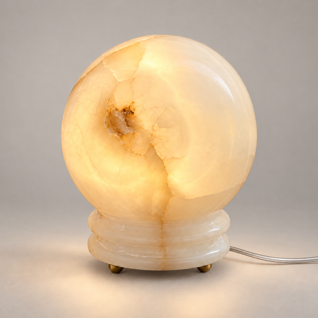 Ayesha Onyx LED Table Lamp on a warm greige background; Ayesha cream onyx sphere, gently illuminated