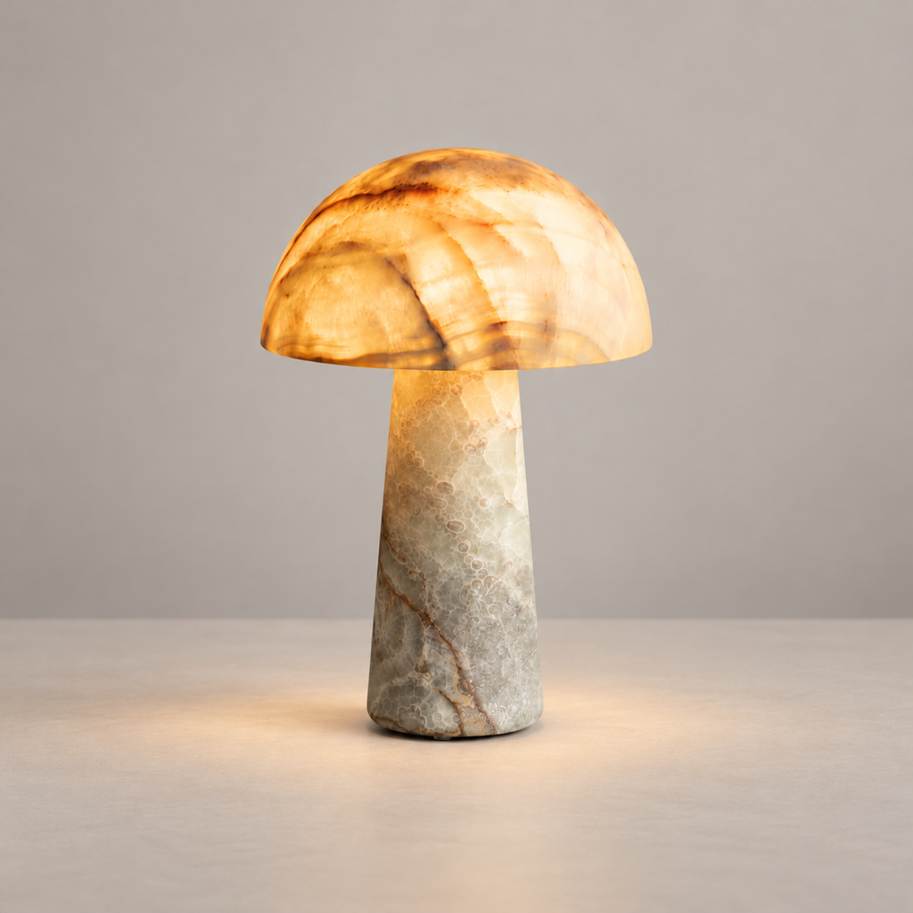 Menta cyan onyx table lamp on a warm taupe surface