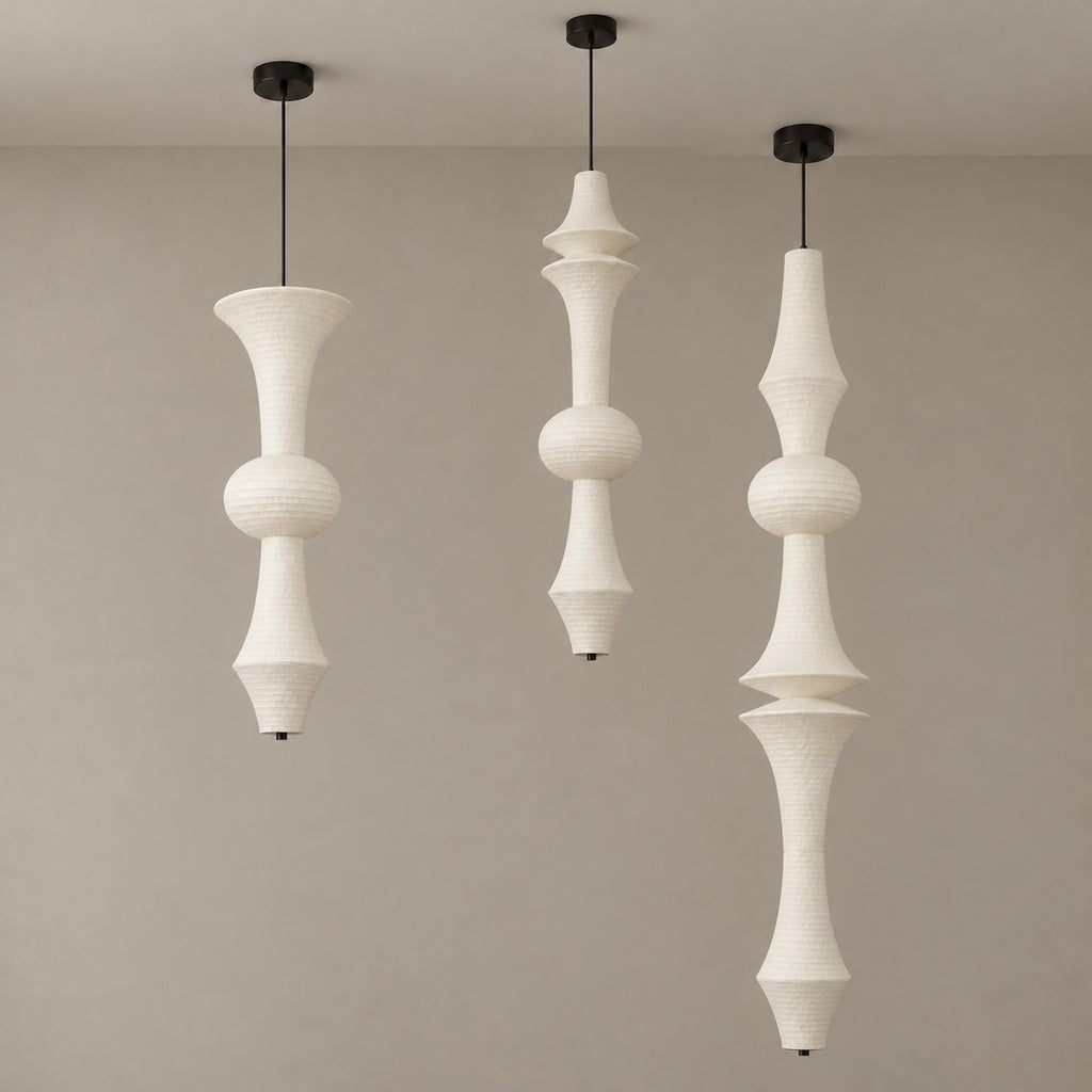 Orlithane sculptural mulberry silk pendant lights, unlit A, D and F installation examples; each selected design sold individually