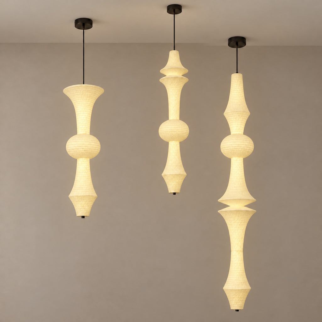 Orlithane sculptural mulberry silk pendant lights with 3000K warm illumination, A, D and F styling combination