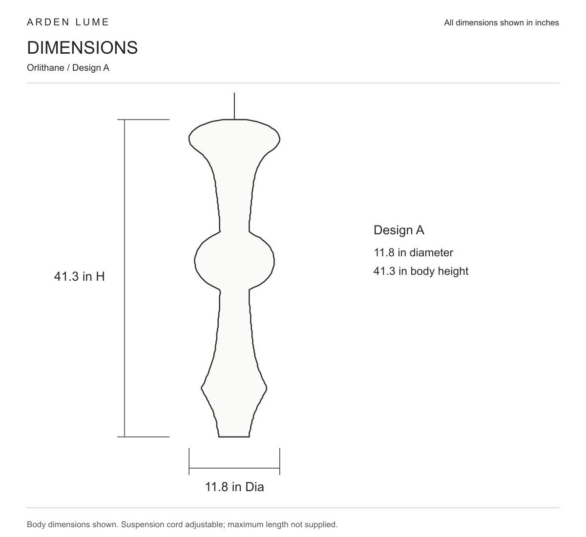 Orlithane design A pendant body dimensions in inches, 11.8 inch diameter