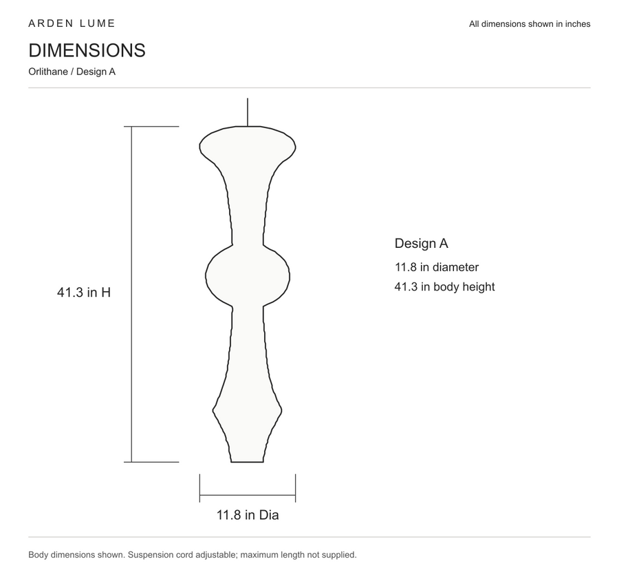Orlithane design A pendant body dimensions in inches, 11.8 inch diameter