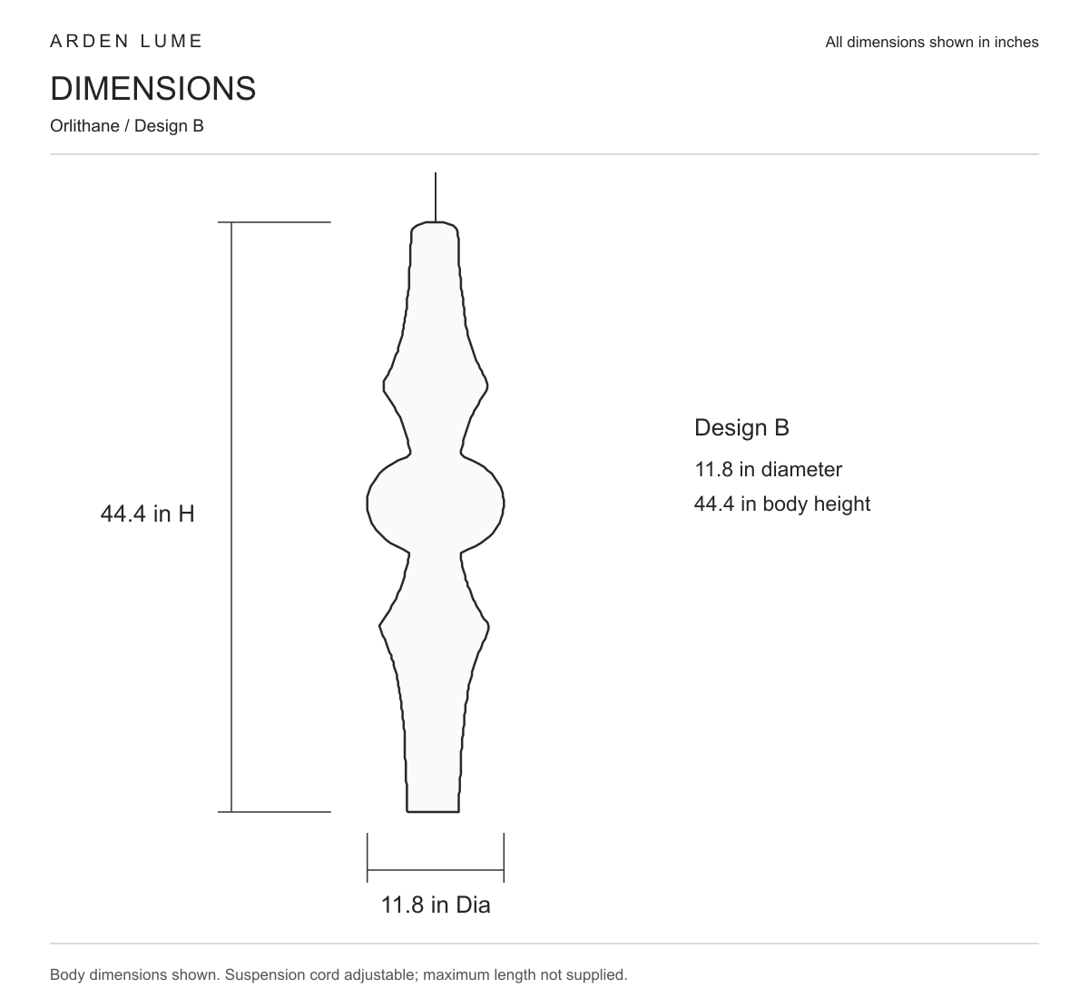 Orlithane design B pendant body dimensions in inches, 11.8 inch diameter