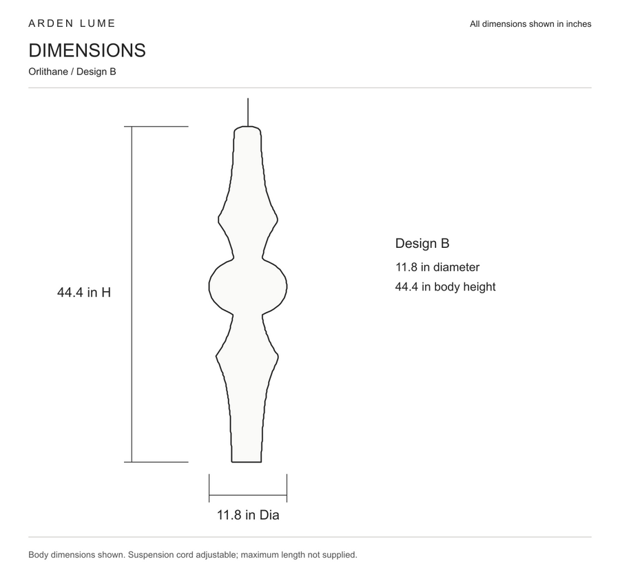 Orlithane design B pendant body dimensions in inches, 11.8 inch diameter