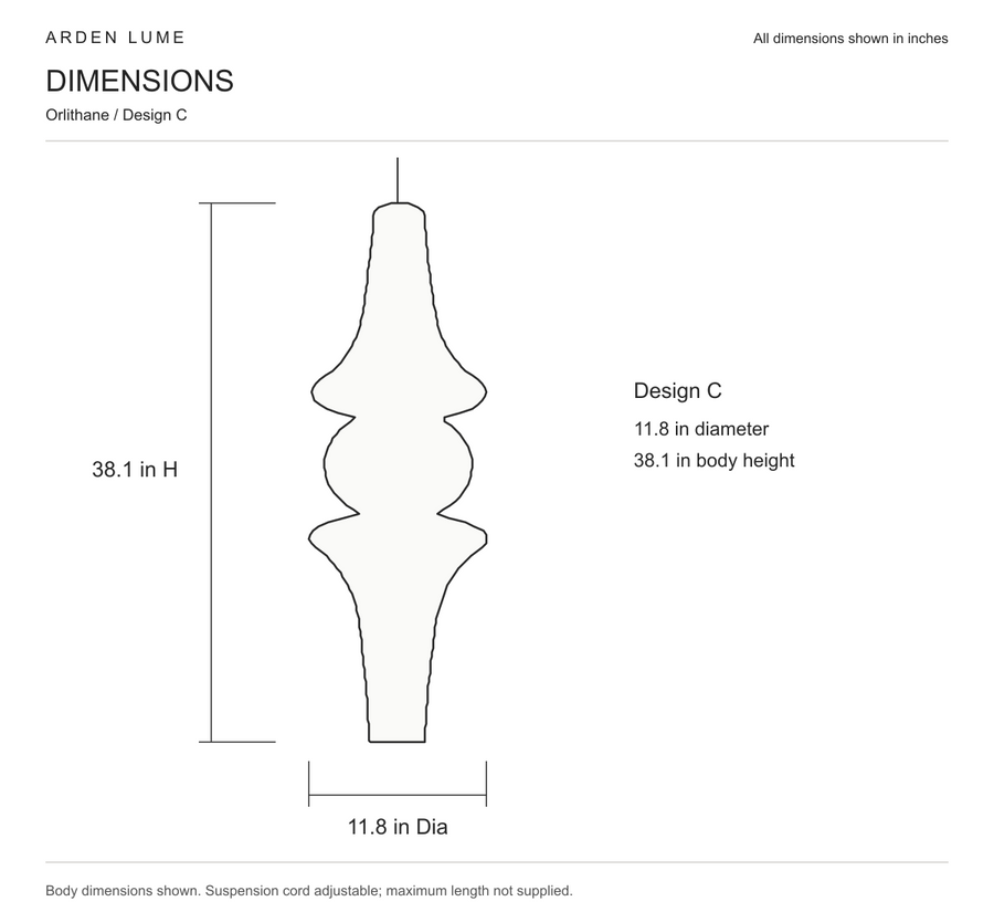 Orlithane design C pendant body dimensions in inches, 11.8 inch diameter