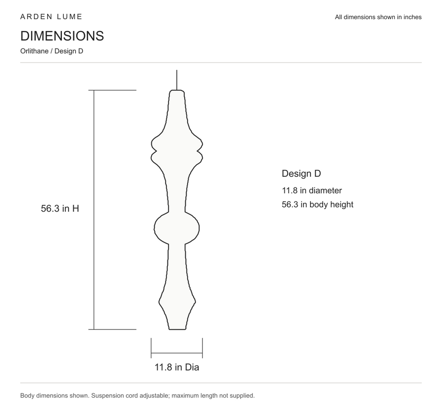 Orlithane design D pendant body dimensions in inches, 11.8 inch diameter
