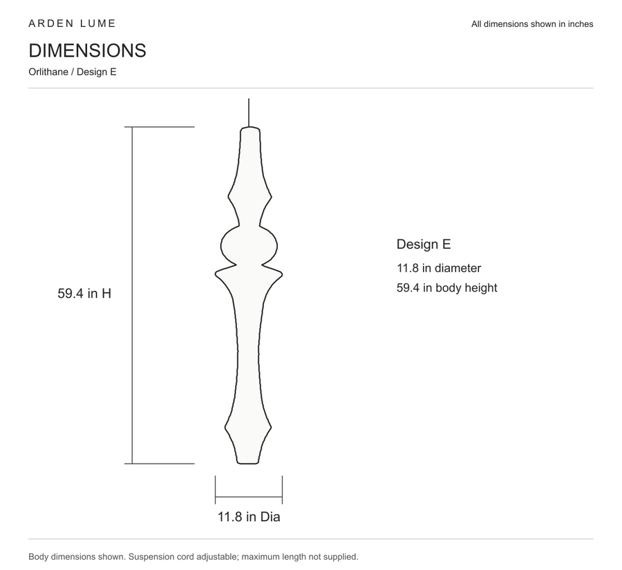 Orlithane design E pendant body dimensions in inches, 11.8 inch diameter
