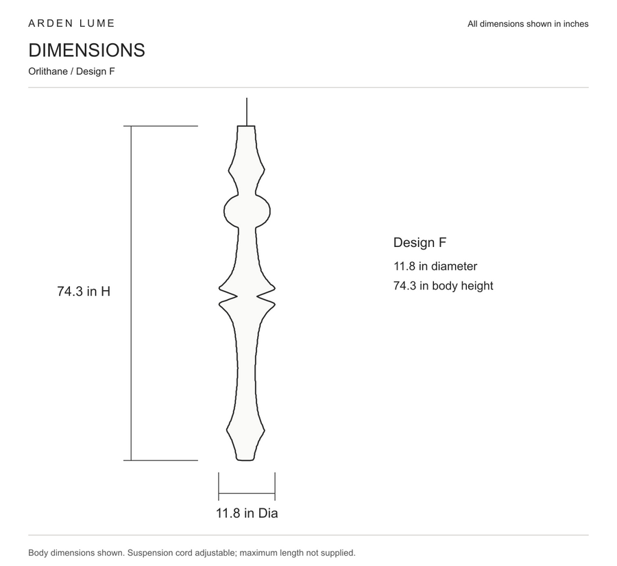 Orlithane design F pendant body dimensions in inches, 11.8 inch diameter