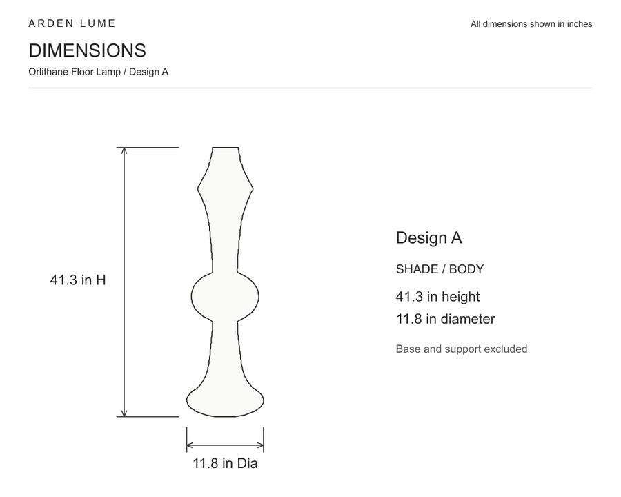 ARDEN LUME Orlithane floor lamp, Design A, shade/body dimension diagram: 41.3 in height and 11.8 in diameter. Floor base and supporting hardware excluded.