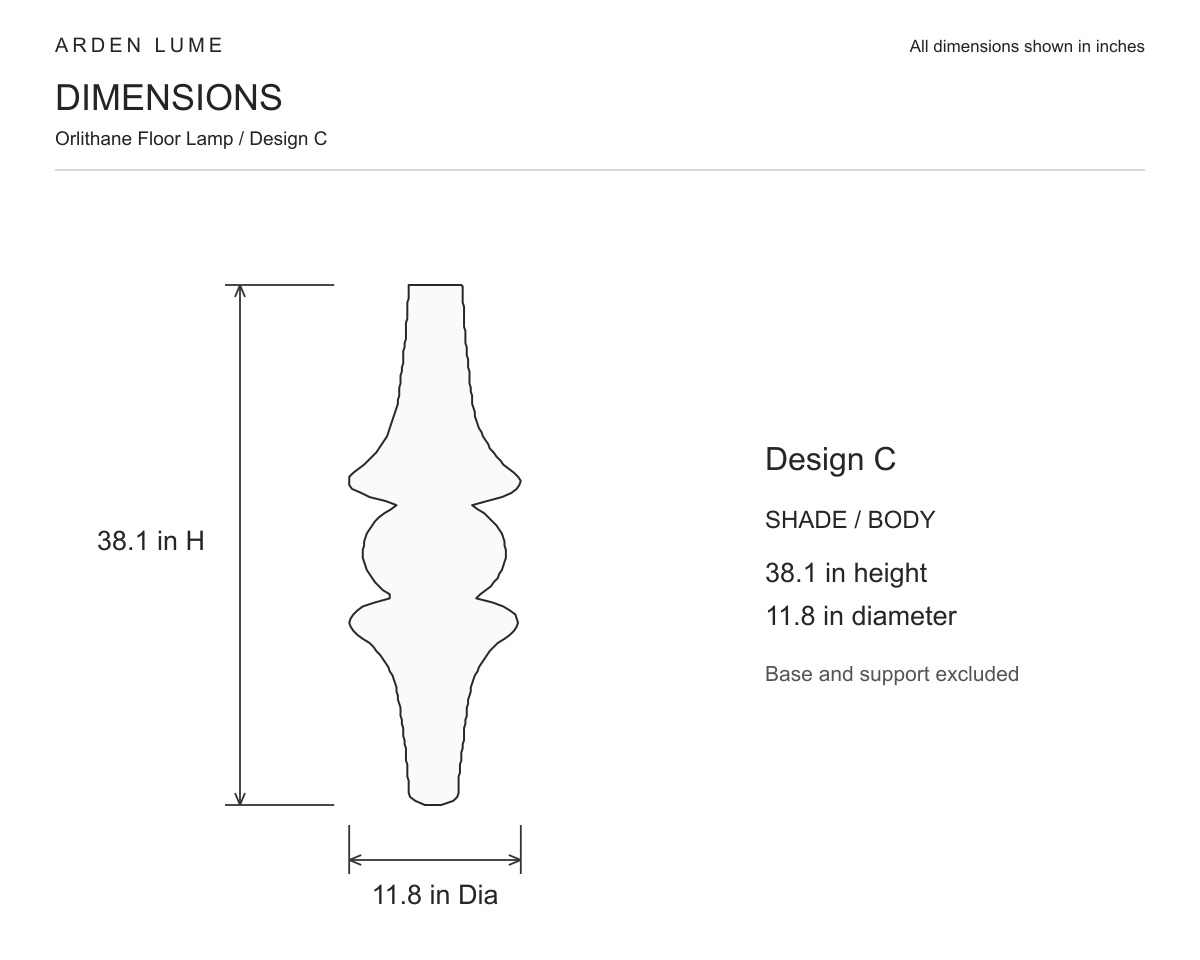 ARDEN LUME Orlithane floor lamp, Design C, shade/body dimension diagram: 38.1 in height and 11.8 in diameter. Floor base and supporting hardware excluded.