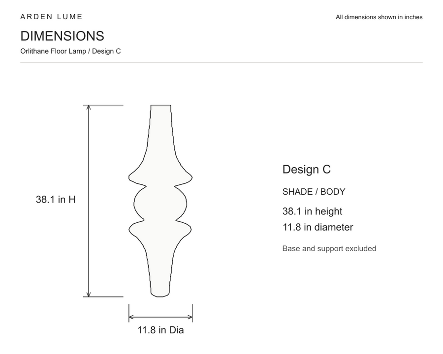 ARDEN LUME Orlithane floor lamp, Design C, shade/body dimension diagram: 38.1 in height and 11.8 in diameter. Floor base and supporting hardware excluded.