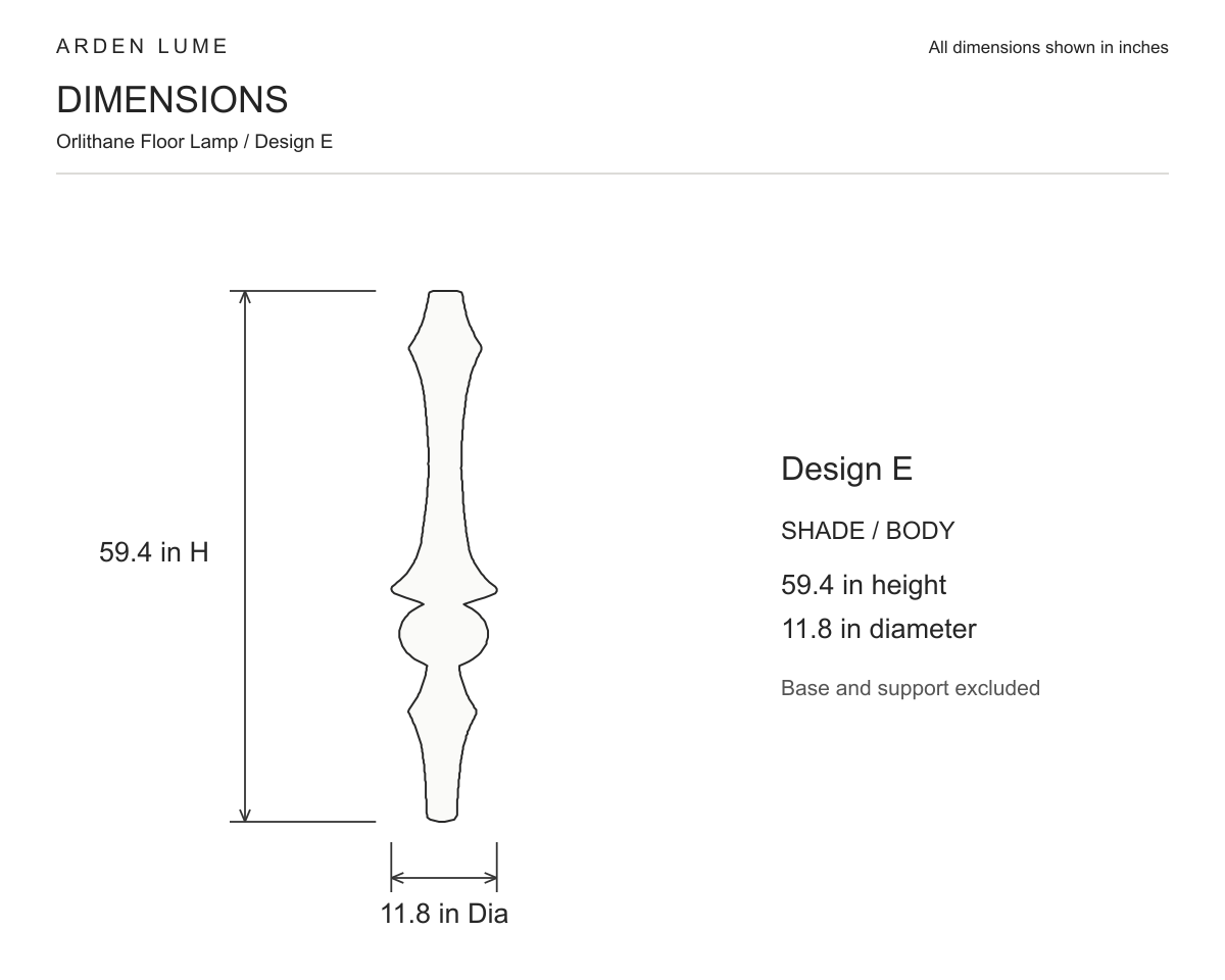 ARDEN LUME Orlithane floor lamp, Design E, shade/body dimension diagram: 59.4 in height and 11.8 in diameter. Floor base and supporting hardware excluded.