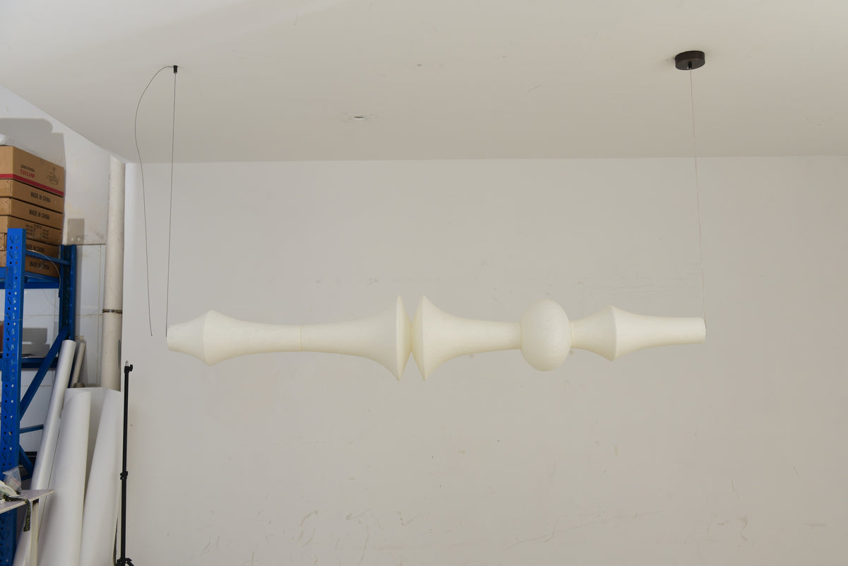 ARDEN LUME Orlithane linear pendant, Design F, actual product photograph with the light off and complete two-end suspension.