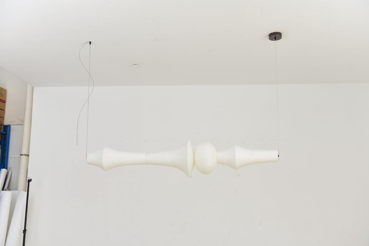 ARDEN LUME Orlithane linear pendant, Design E, actual product photograph with the light off and complete two-end suspension.