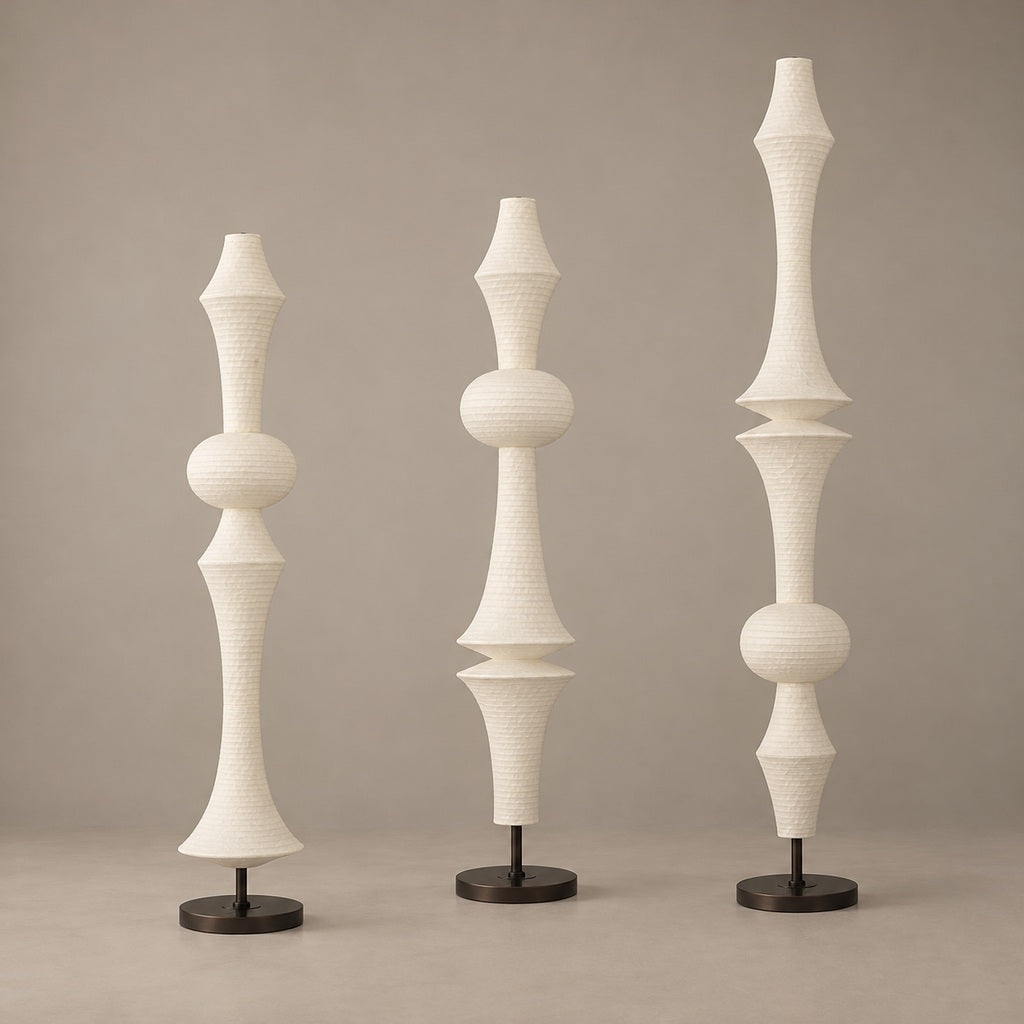 ARDEN LUME Orlithane silk floor lamp, Design A, D, F, switched off; warm taupe product hero.